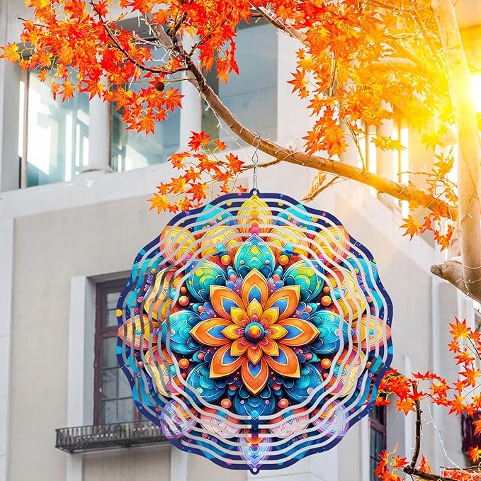 10 Inch Multicolor Mandala Wind Spinner, 3D Metal Hanging Kinetic Wind Rustproof Sculpture Gift for Garden Yard Balcony Window Porch Outdoor Decor, Women Mom Mothers Day