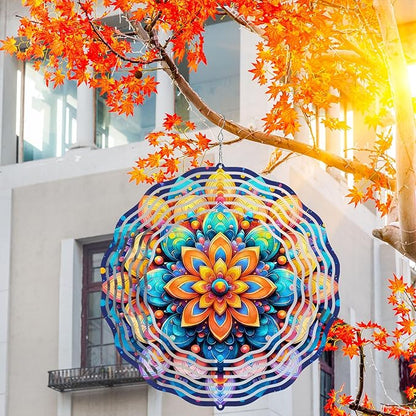 10 Inch Multicolor Mandala Wind Spinner, 3D Metal Hanging Kinetic Wind Rustproof Sculpture Gift for Garden Yard Balcony Window Porch Outdoor Decor, Women Mom Mothers Day