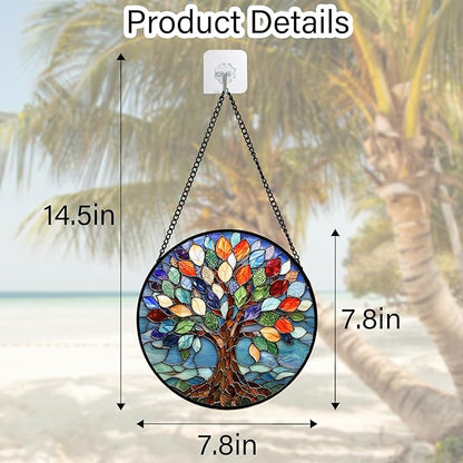 DASTOLL Stained Glass Window Hanging, Colorful Tree of Life Sun Catchers Glass Panel Blue Suncatcher Decor for Birthday for Women, Men, Wife, Aunt, and Mom 7.8 in