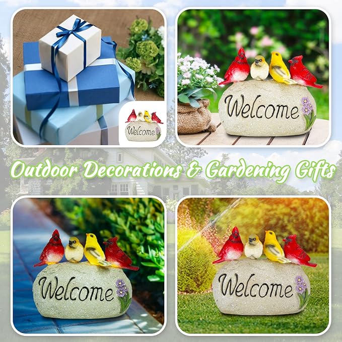 Solar Garden Statues Outdoor Decor, Welcome Sign Garden Sculptures Statue Novelty Birds Figurine Decoration for Patio Yard Porch Art Home Decor
