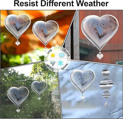 Wind Spinners, 2 Pack 10in 3D Stainless Steel Outdoor Hanging Wind Spinner with 2X Heart-Like Pendant and 3X 360° Rotating Hook, Reflective Decor for Outside Yard and Garden (2 Pack) (Heart-Like)