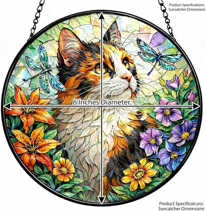 Stained Glass Cat Suncatcher, Double-Sided Light Sun Catchers Indoor Window, Stained Glass Window Hanging Panel, Cat Suncatcher for Windows Hanging Home Decor Mom Gift (6 Inch)