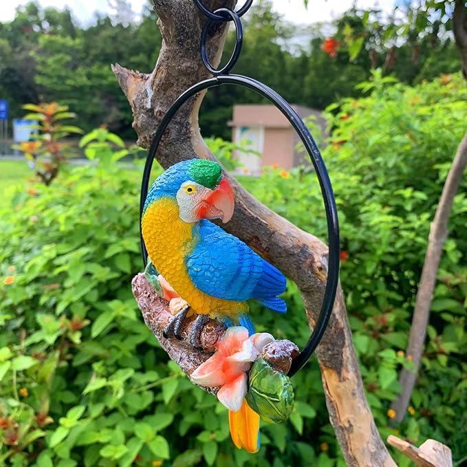iRonrain Mini Garden Statues Hanging Iron Ring Parrots, Art Décor Gorgeous Swing Birds Figurine Sculpture Ornament for Pathways Yard Patio Office Indoor Outdoor Tree Decorations (Yellow/Blue)