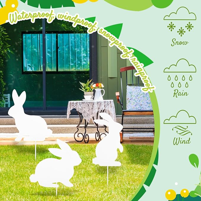 MorningRo 3 Pcs Large Easter Bunny Yard Signs Metal Rabbit Garden Stakes Easter Bunny Lawn Decorations Outdoor White Decorative Yard Decoration with Stake for Holiday Decor