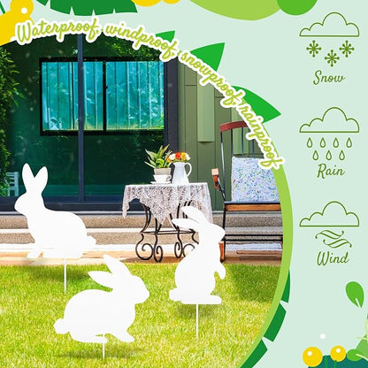 MorningRo 3 Pcs Large Easter Bunny Yard Signs Metal Rabbit Garden Stakes Easter Bunny Lawn Decorations Outdoor White Decorative Yard Decoration with Stake for Holiday Decor
