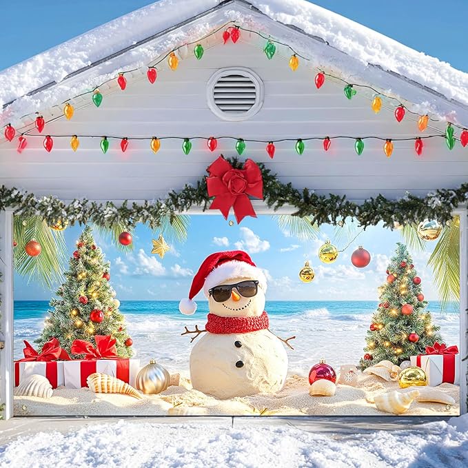 IVN Christmas Holiday Garage Door Banner 6x13 ft Tropical Sandman Scene Backdrop Garage Door Cover Mural with Palm Tree Ornaments Christmas Garage Door Covers Decorative for Winter Beach Party