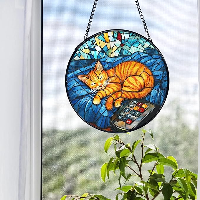 Orange Cat Stained Glass Window Hanging, Sleeping Cat Sun Catchers Indoor Window Round Glass Wall Art Decor, Kitten Suncatcher Wall Hanging Decorations, Lawn Care