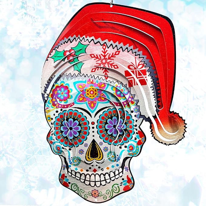 FONMY Santa Sugar Skull Wind Spinner Kinetic 3D Metal Garden Wind Sculpture Unique Gifts Christmas Decorations Quality Hanging Ornament for Home and Garden Indoor/Outdoor 12inch Mandala Wind Spinners