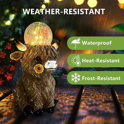 HONGLAND Solar Highland Cow Outdoor Garden Statues, Outside Decor with Color Changing Lights for Yard Lawn Ornaments Porch Patio Balcony Home Farmhouse, Birthday Gifts for Grandma Mom Women