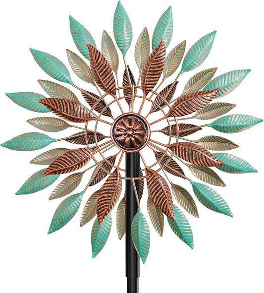 Wind Spinners Outdoor, 360° Metal Windmills for Yard Garden Art Decor, Kinetic Wind Sculptures with 5 Stake for Lawn Patio Outside Ornaments, 13.7" W x 64.3" H (Green+Brown)
