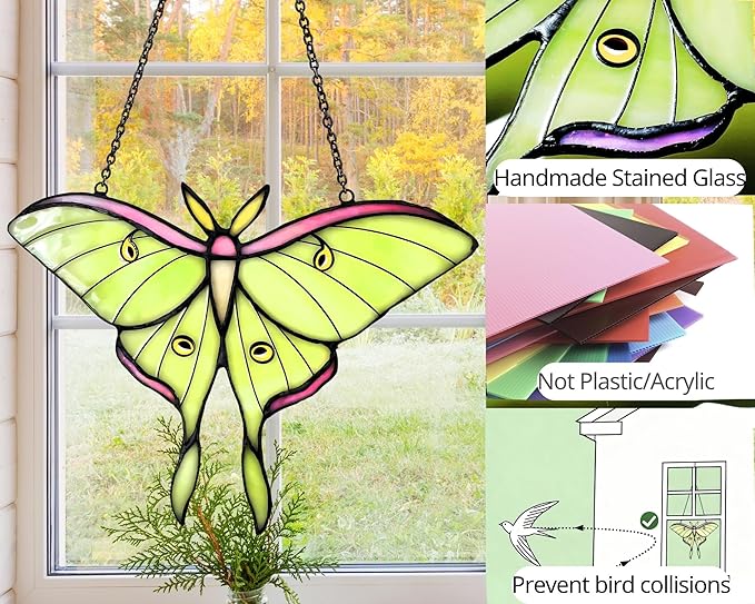 Luna Moth Stained Glass Window Hanging - Handmade Suncatcher Real Glass - Light Green Butterfly Light Catcher Elegant Gifts for Mother, Women, Grandma (Gifts-Box provided)