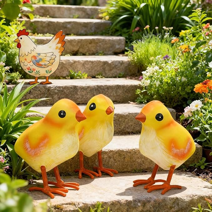 Shorayn Rooster Decor Metal Chicken Yard Art Garden Chick Statues Outdoor Figurines Easter Decoration,Set of 3