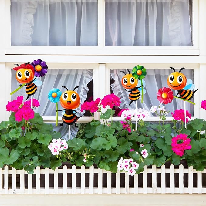 4 PCS Metal Bee Garden Stakes Decorative, ULENDIS Colorful 12.2 Inches Outdoor Bee Garden Decor stakes, Vivid Bee Yard Art Ornaments for Lawn Porch Pathway Patio Plant Pot Flower Bed