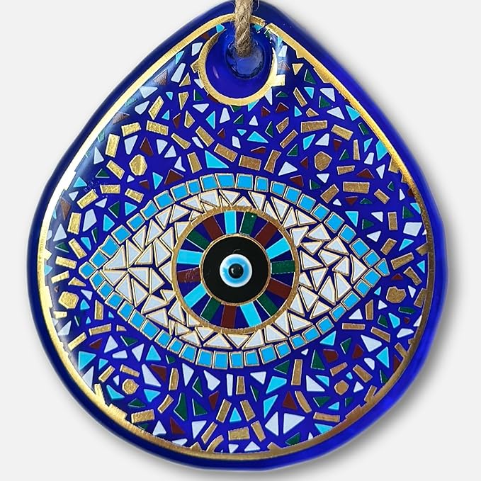 Mosaic Water Drop Evil Eye | The Thickest & Most Durable Glass Hanging Decor and Suncatcher | Positivity - Art - Charm | Indoor & Outdoor | Ojo Turco | Boho Protection Ornament | Turkish Nazar Amulet