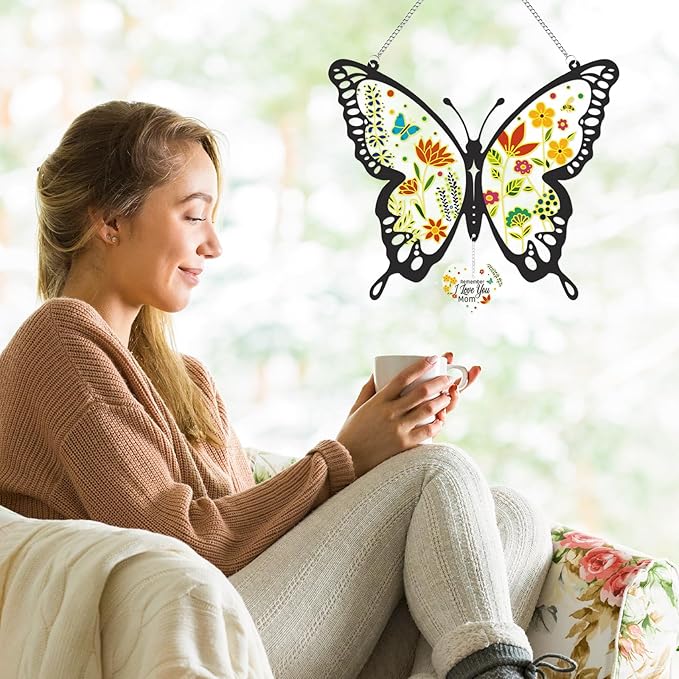 Butterfly Stained Glass Window Hanging 9.8 Inch Colorful Flower Suncatcher Decor for Window Door Wall Art Home Decoration Christmas Hanging Ornament Birthday Butterfly Gifts for Mom, Women