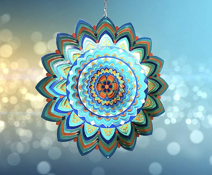 HS's Creation Wind Spinner Hanging Kinetic 19 Gauge 3D Metal with Swivel Hooks Sun Catcher for Outdoor Garden Decoration Handcrafted Art Gift Ornaments Sculpture Mandala Lucky Halo 12 Inch