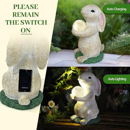Solar Rabbit Garden Statue Outdoor Decor, Bunny Figurines with Solar Lights, Yard Decorations for Patio Balcony Yard Lawn Ornament - Unique Birthday Easter Housewarming Gifts for Women, Mom, Grandma