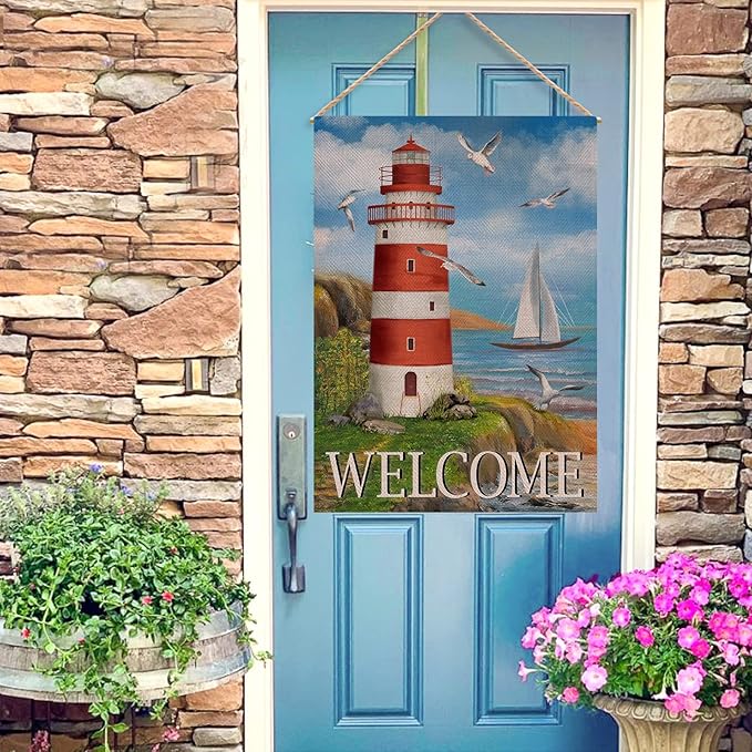 Home Decorative Welcome Summer Lighthouse House Flag, Spring Coastal Seagull Birds Garden Yard Beach Nautical Sailboat Outside Decoration, Ocean Outdoor Large Burlap Decor Double Sided 28 x 40