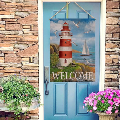 Home Decorative Welcome Summer Lighthouse House Flag, Spring Coastal Seagull Birds Garden Yard Beach Nautical Sailboat Outside Decoration, Ocean Outdoor Large Burlap Decor Double Sided 28 x 40
