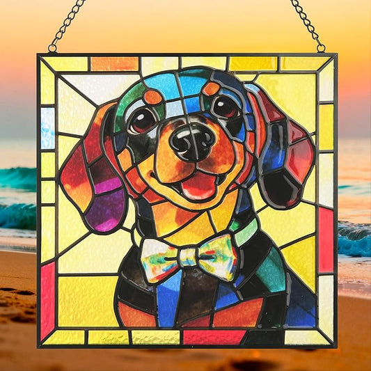 Hanging Stained Glass Dog Suncatcher for Window, Sun Catchers for Outdoor Decoration, Dachshund Garden Decor, Gifts for Women, Lovers, Couple, Friend, Bestie