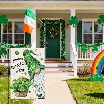 Heyfibro Happy St. Patrick's Day Gnome Garden Flag 12x18 Double Sided Burlap, Shamrock Basket Yard Flag for Spring Seasonal Irish Holiday Farmhouse Yard Outdoor Decor(ONLY FLAG)