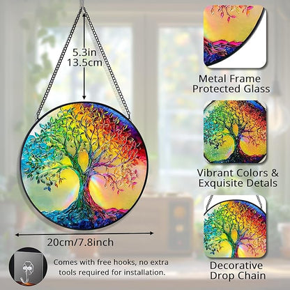 7.8 in Stained Glass Window Hanging, Rainbow Tree of Life Suncatcher for Home Decor, Handmade Decorative Ornament Boho Wall Art Ideal Gift for Mom Grandma Housewarming