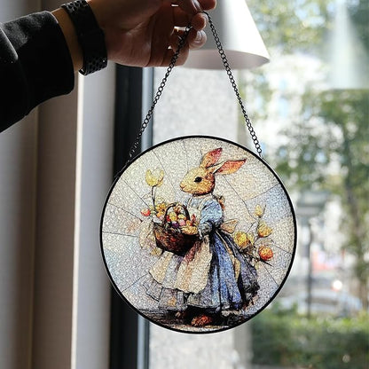 7.88'' Stained Glass Window Hanging, Colorful Egg Rabbit Sun Catchers Glass Panel Bunny Suncatcher Decor with Hook Chain for Mother's Day Birthday for Women, Men, Wife, Aunt, and Mom