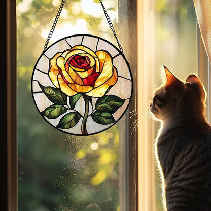 Stained Glass Window Hanging - Elegant Yellow Rose Flower Sun Catcher for Door Garden Home Decor Suncatcher Christmas Mother's Day Birthday Gifts for Women Mom Girl Nana Friend 7.8 in