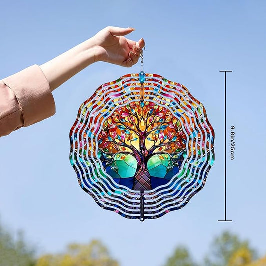 10 Inch Tree of Life Wind Spinner, 3D Stainless Steel Hanging Kinetic Wind Sculpture for Home Garden Yard Art Lawn Balcony Window Porch Outdoor Indoor Decor