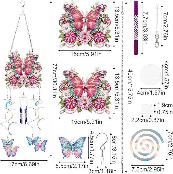 DIY Wind Chime Pendant Spring 3D Diamond Art Painting Hanging Ornament Double Sided Diamond Suncatchers for Window Home Backyard Garden Wall Door Decor-Butterfly02
