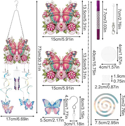 DIY Wind Chime Pendant Spring 3D Diamond Art Painting Hanging Ornament Double Sided Diamond Suncatchers for Window Home Backyard Garden Wall Door Decor-Butterfly02