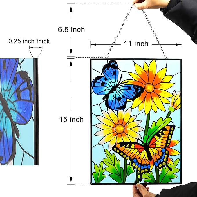VinSees Large 15 * 11 Inch Butterfly Stained Glass Windows Hanging, Glass Panel and Metal Chains,Large Size Sun Catchers for Windows Hanging. Butterfly Wall Decorations for Balcony or Yard.
