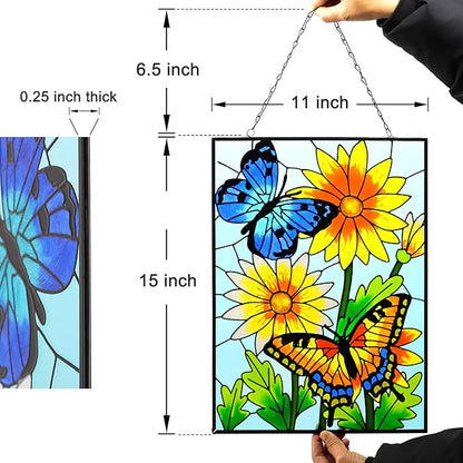 VinSees Large 15 * 11 Inch Butterfly Stained Glass Windows Hanging, Glass Panel and Metal Chains,Large Size Sun Catchers for Windows Hanging. Butterfly Wall Decorations for Balcony or Yard.