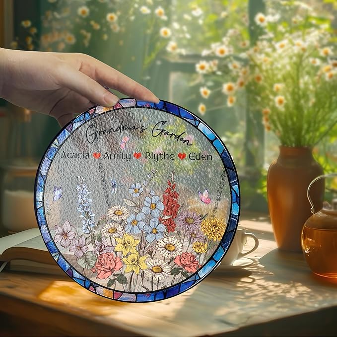 NAZENTI Custom Family Birth Flowers Glass Suncatcher, Personalized Stained Glass Window Hanging Suncatcher with Kids Name, Gifts for Mother's Day, Personalized Grandma Flower Garden