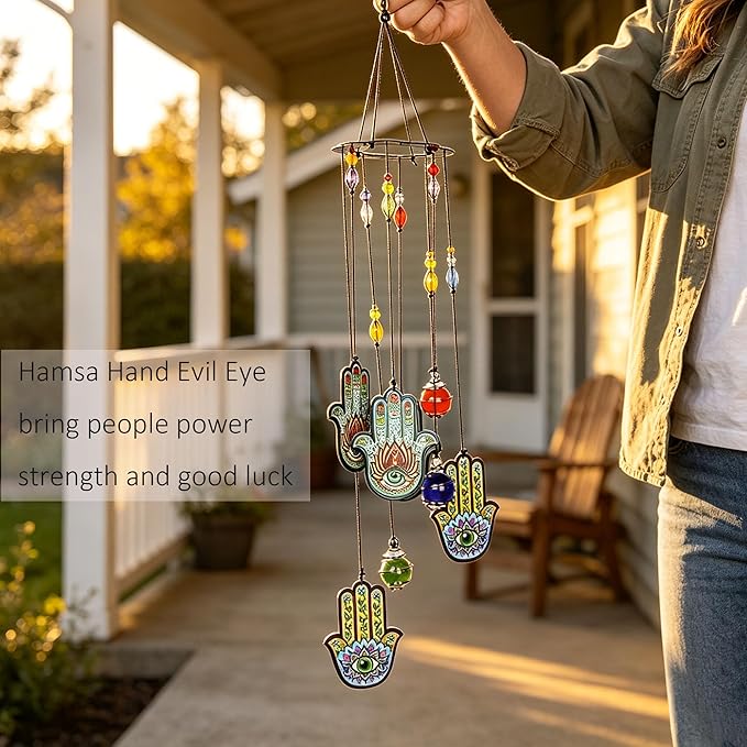 Wind Chimes Outdoor Decor, Metal Memorial Windchimes Hanging Decoration for Garden Home Yard and Christmas Tree,15'' Hamsa Hand Evil Eye Chakra Glass Beaded Design Christmas Decor