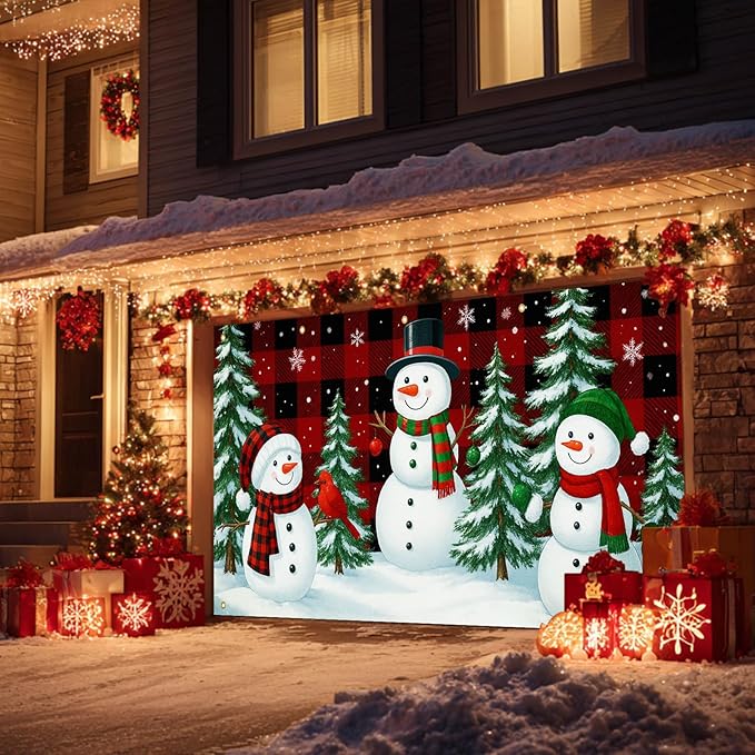 HOMETITUTE Christmas Garage Door Banner 13x6ft Winter Snowmen Buffalo Plaid Theme Backdrop Banners for Outside Indoor Winter Door Cover Garage Wall Covering for Party Garage Decorations