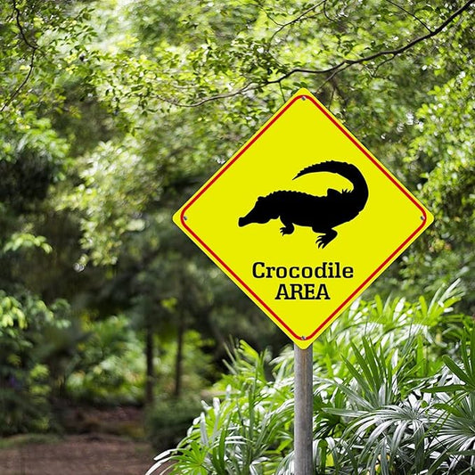 Warning Crocodile Area Metal Tin Sign Ocean Animal Caution Crossing Xing Street Sign Yellow Diamond Shape Funny Metal Sign For Indoor Outdoor Highway15x15in