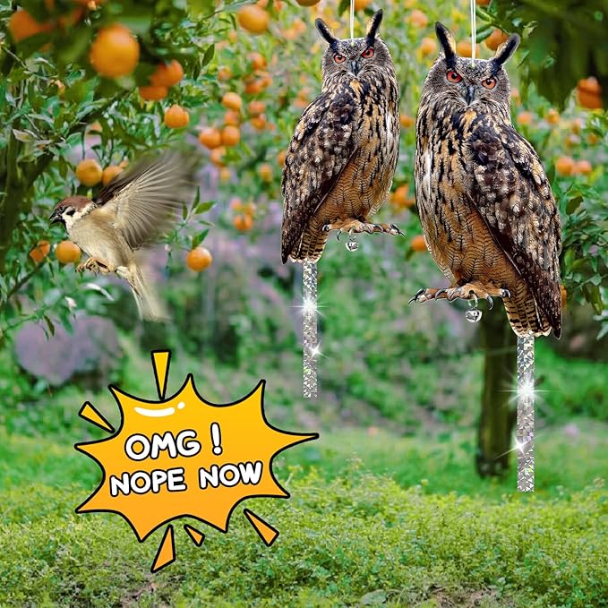 Owls to Keep Birds Away: 3Pack Fake Owl with Reflective Tape for Vineyard Garden Patio Pool, Reflective Hanging Decoration to Keep Birds Pigeon from Windows Tree Orchard