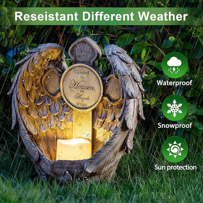 12“ Angel Wings Embracing Cross Solar Flameless LED Candles Outdoor Garden Memorial Statue for Garden Decoration Yard Art, A Touching Memorial Gift & Condolence Gifts Grave Decorations for Cemetery