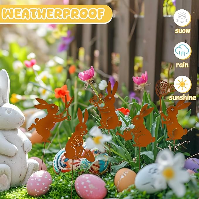 Leinuosen 5pcs Easter Bunny Garden Stakes 13 inch Metal Easter Yard Decor Rustic Rust Finish Outdoor Garden Stakes Bunny Silhouette Set for Lawn Planter Flower Pot Pathway Spring Decoration(Rusty)