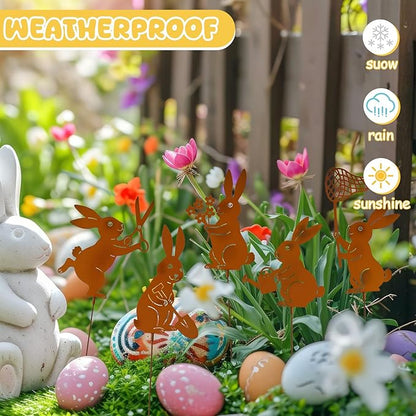 Leinuosen 5pcs Easter Bunny Garden Stakes 13 inch Metal Easter Yard Decor Rustic Rust Finish Outdoor Garden Stakes Bunny Silhouette Set for Lawn Planter Flower Pot Pathway Spring Decoration(Rusty)