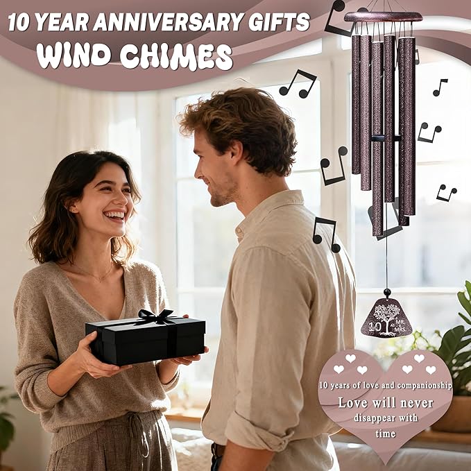 10 Year Anniversary Wedding Gifts for Him Her Wife Husband Couple Wind Chimes 32", Ten Year Anniversary Tin Gift, Romantic 10th Anniversary's Romantic Decorations for Him Her Women Men