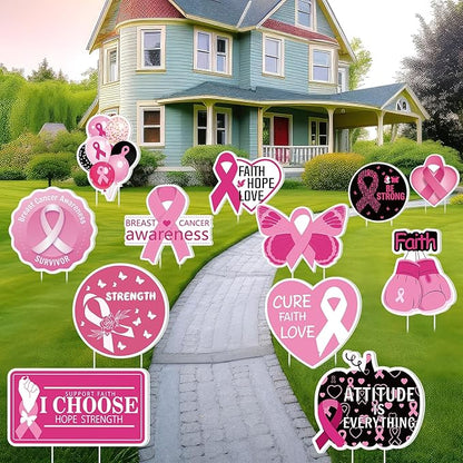 Amyhill 12 Pcs Breast Cancer Awareness Yard Signs for Outdoor Pink Ribbon Garden Lawn Signs Decoration with Stakes Waterproof Decor Gifts for Women Festive Holiday Party Patio Lawn Walkway Decoration