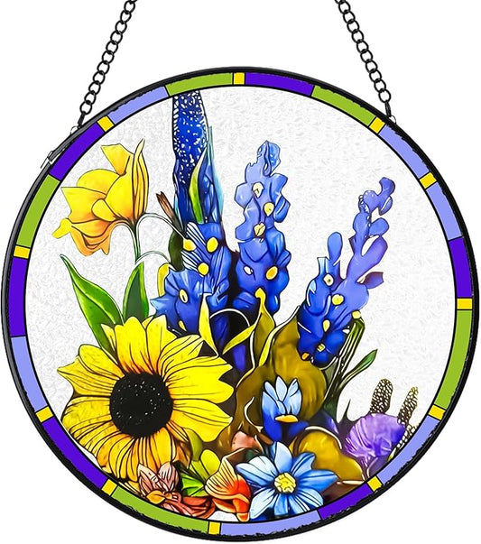 Stained Glass Suncatchers Window Hanging, Delphinium Flower Sun Catchers Indoor Window Stained Glass Hanging Garden Decor, Birthday Gift for Mom Grandma Aunt Sister Bestie 6.3 in