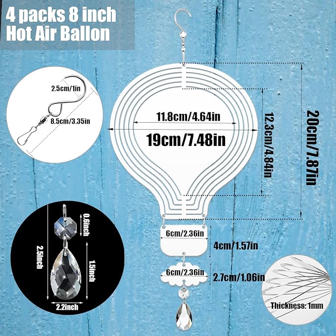 4Pack 8inch Sublimation Wind Spinner Blanks 3D Aluminum Metal Wind Sculpture Kinetic Spinners for Yard and Garden Indoor Art Ornaments Hanging Decoration (Hot Air Balloon)