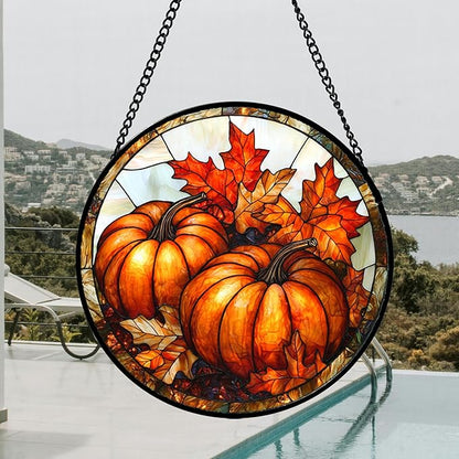 DASTOLL Stained Glass Window Hanging, Pumpkin Maple Leaf Suncatcher for Doors Home Sun Catchers Decoration and Christmas, Mother's Day Birthday Gifts for Women, Men, and Mom 15x15 in