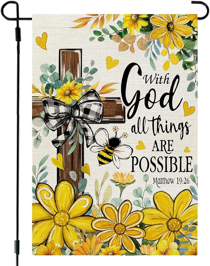 CROWNED BEAUTY Summer Garden Flag Floral Cross God 12x18 Inch Double Sided Small Yellow Seasonal Holiday Decoration for Outside Yard