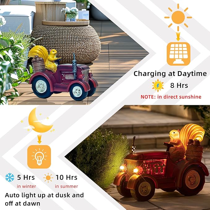 YUETJIN Solar Lighted Squirrel's Farm Tractor Statue, Outdoor Décor for Lawn Garden, Yard, Flower-Pool, Harvest Decoration, Gfit for Father