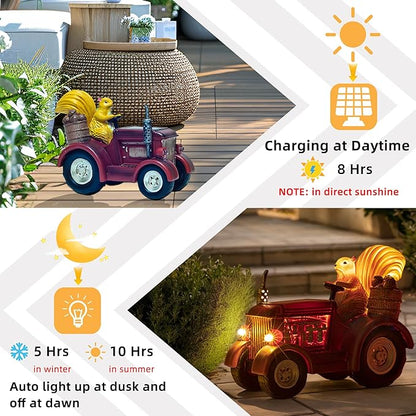 YUETJIN Solar Lighted Squirrel's Farm Tractor Statue, Outdoor Décor for Lawn Garden, Yard, Flower-Pool, Harvest Decoration, Gfit for Father