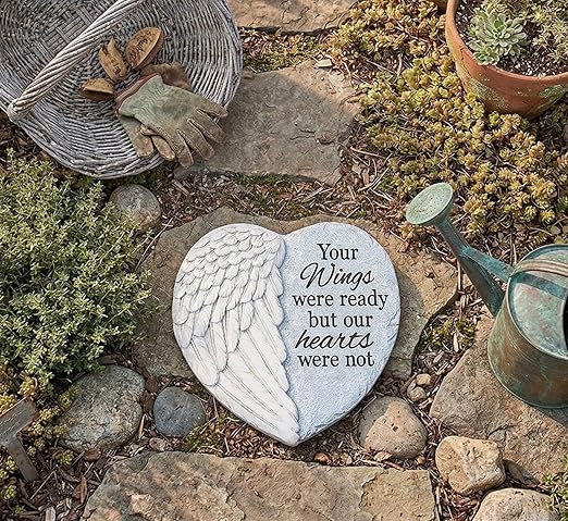 Napco Your Wings were Ready Our Hearts were Not 10 x 11 Inch Grey and White Resin Bereavement Garden Stepping Stone with Angel Wings